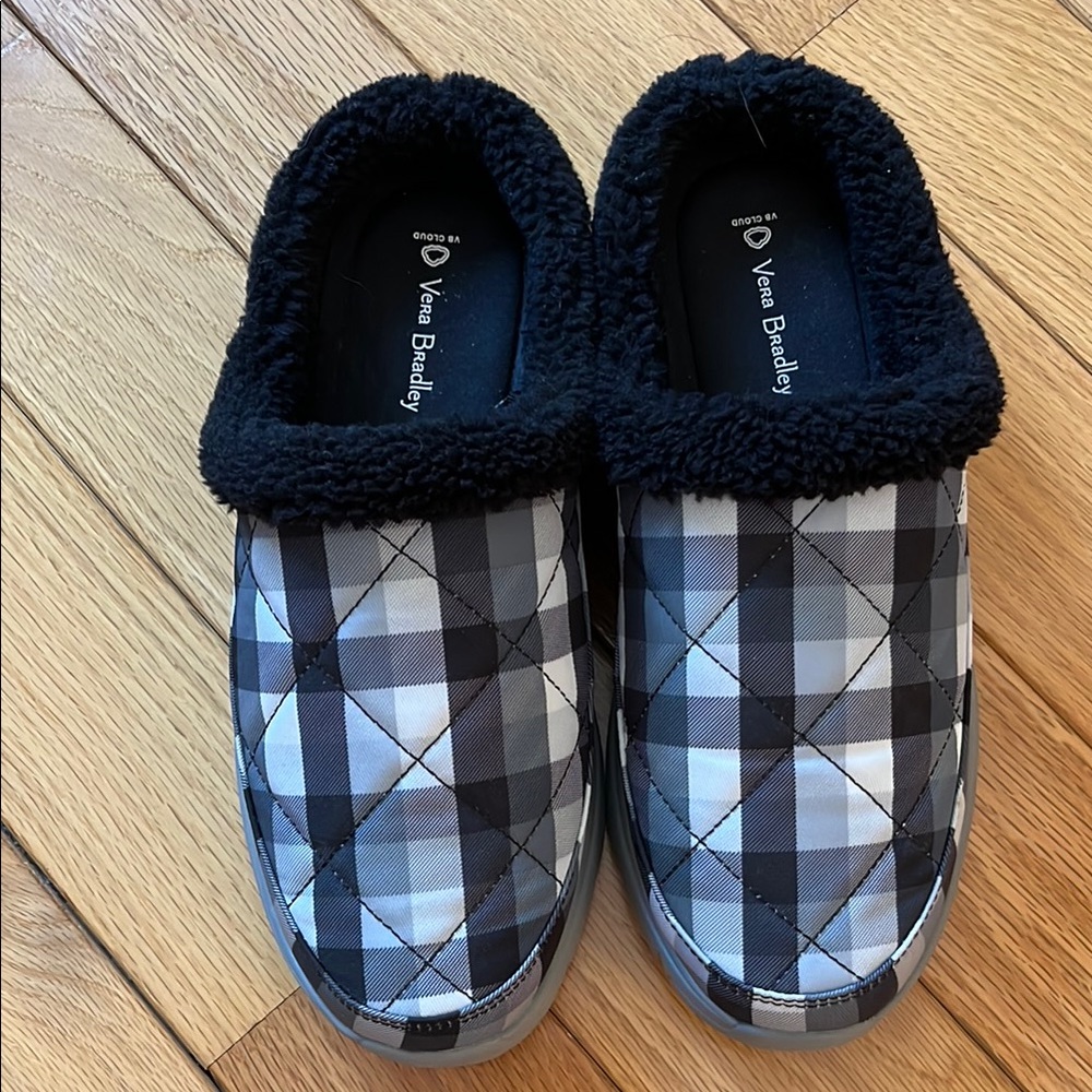 Vera Bradley Black and Gray Plaid Quilted Slippers